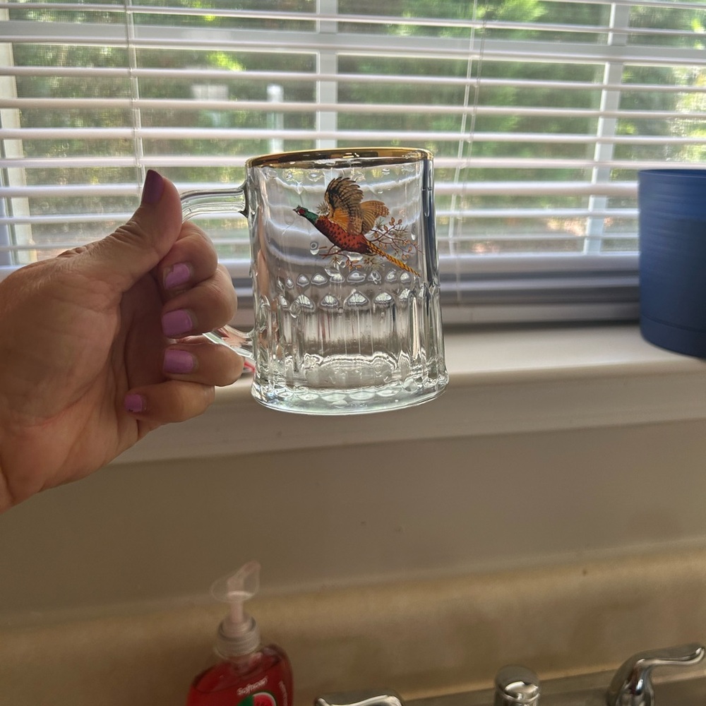 Vintage Glass Mug with Gold Rim and Bird Design